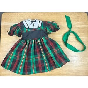 American Girl Doll ADDY Tartan Plaid Christmas Dress & Green Hair Ribbon